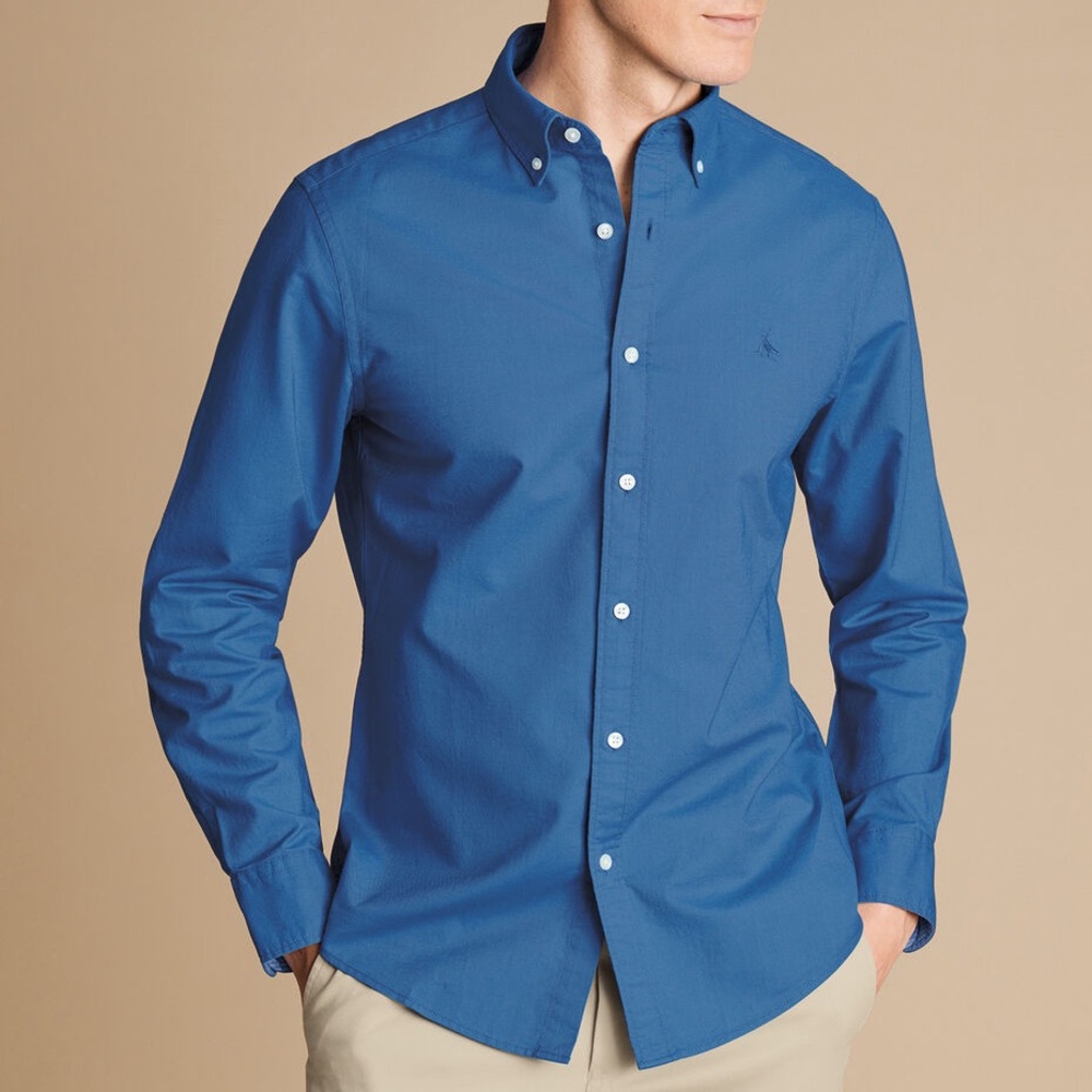 Charles Tyrwhitt Button-Down Stretch Washed Oxford Shirt in Ocean Blue Sz Large